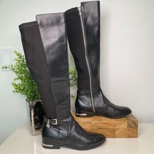 Michael Kors Aileen Black Leather Fabric Over The Knee Riding Boots Women's 7M